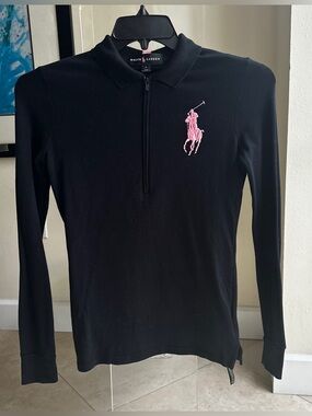 Ralph Lauren BLK Label long sleeve Pink Pony top w a 3/4 deep zipper neck